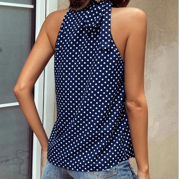 Polka Dot Print Mock Neck Tie Blouse Blue - Picture 3 of 5